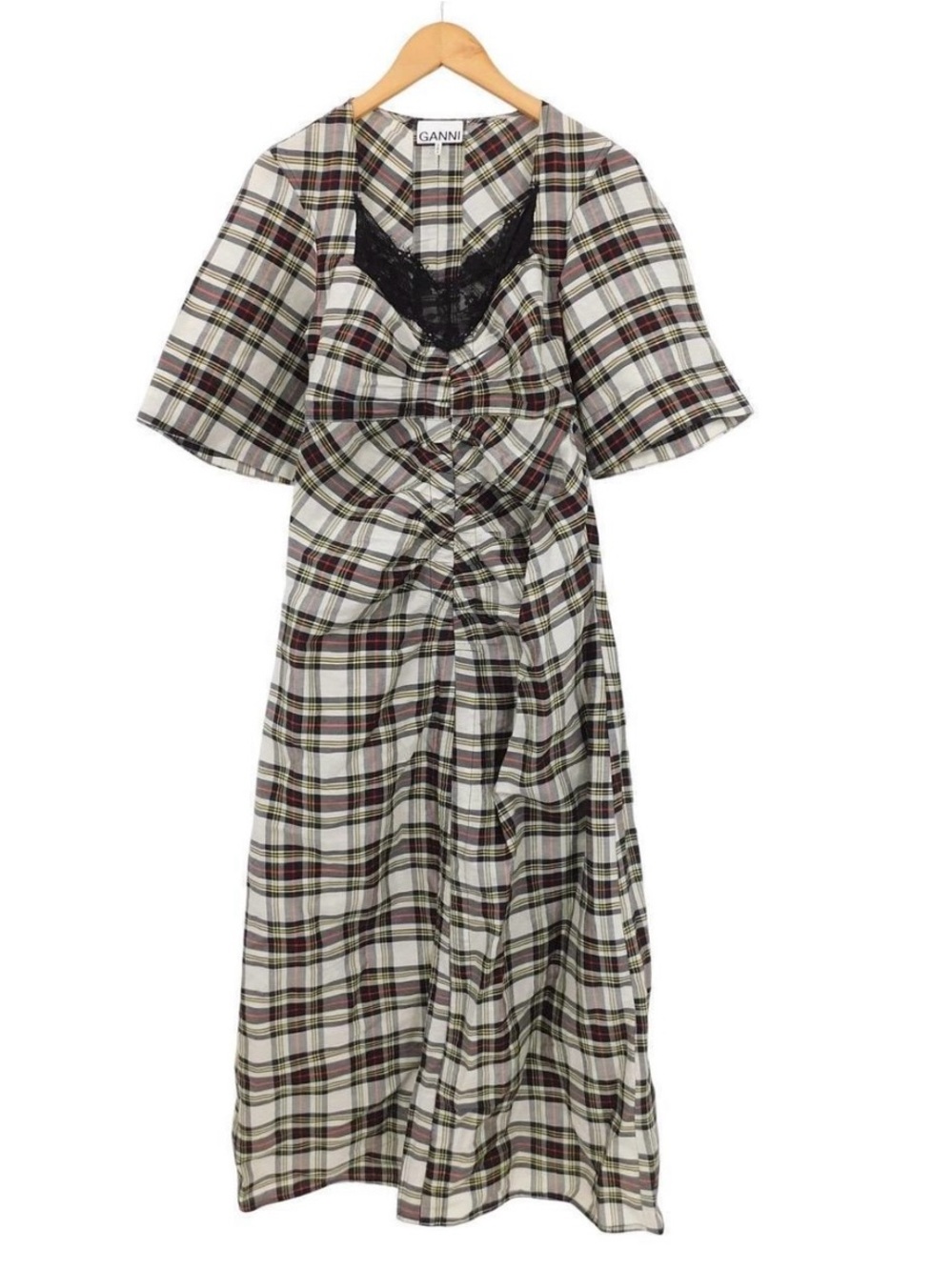 Ganni linen silk Plaid Maxi Dress with Black Lace Bodice - White, Black, Brown